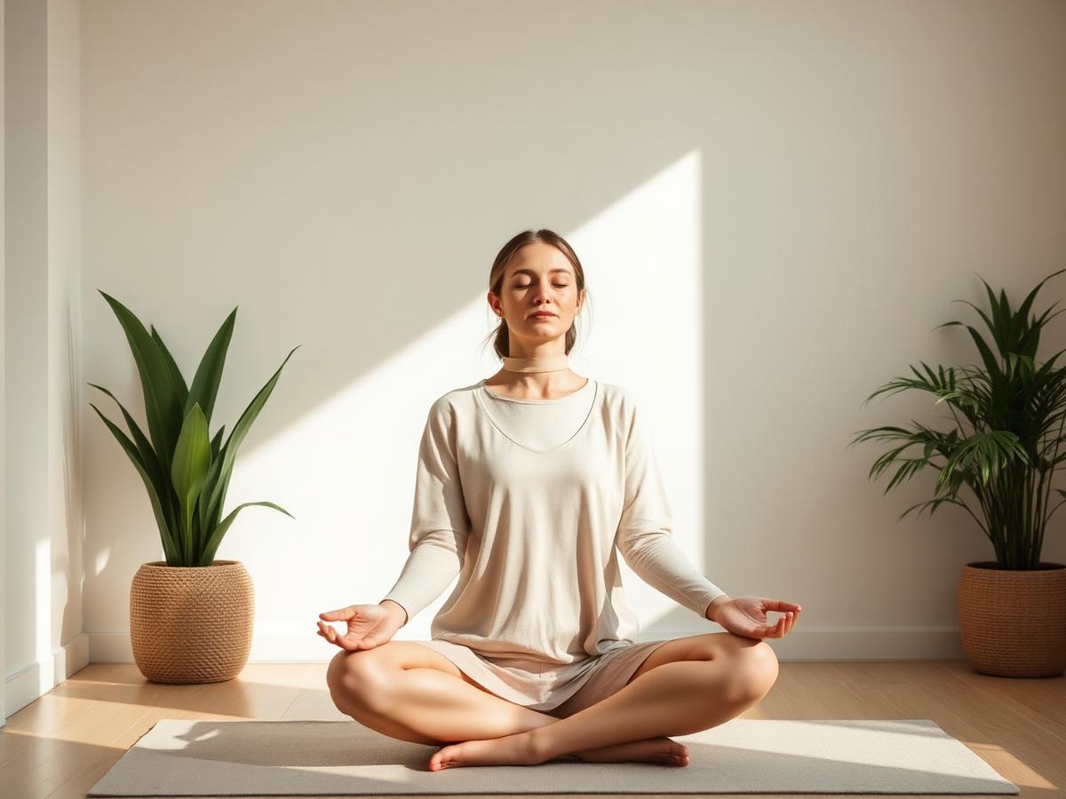 Woman meditating in a bright minimalist room